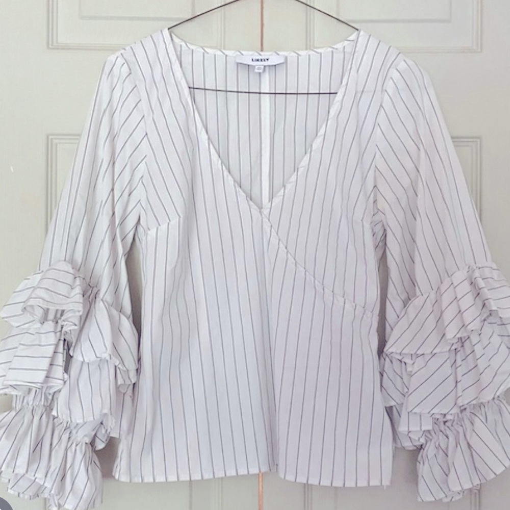 LIKELY White Pinstripe Ruffle Sleeve Blouse 0